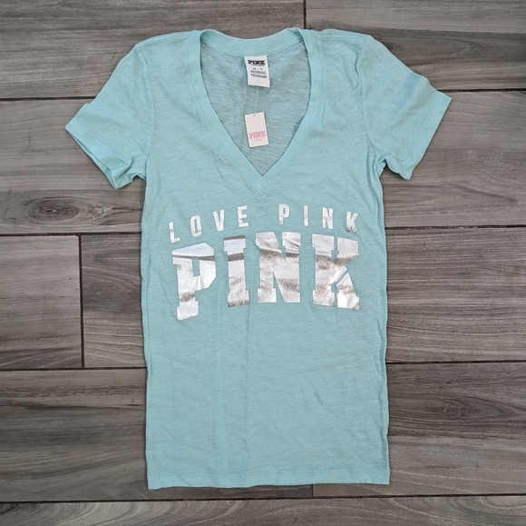 PINK Victoria's Secret Seafoam Green and Silver Tee Shirt - Picture 1 of 2